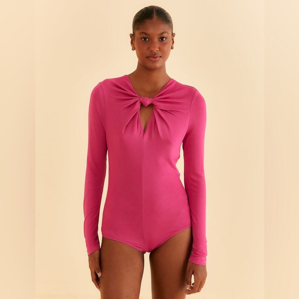 Farm Rio Pink Long Sleeve Knot Twist Key Hole Neck Zip Up Bodysuit M